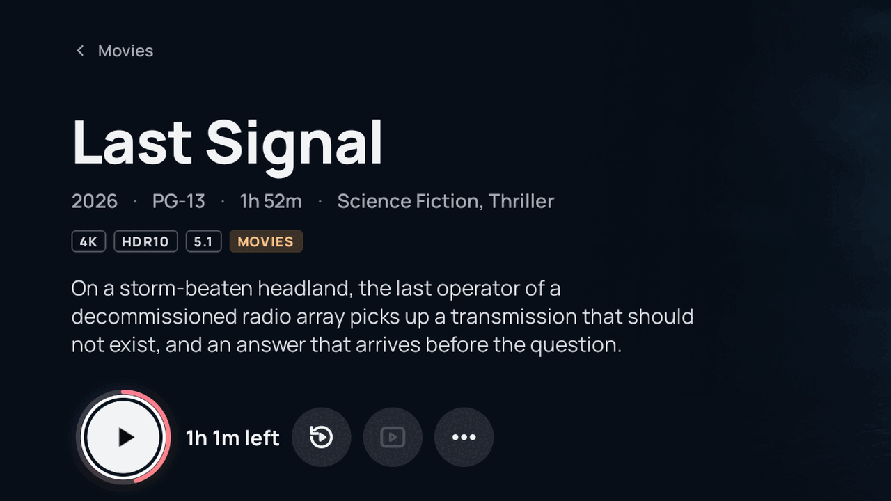 A film's page in Atlas, marked 4K, HDR10 and 5.1, with its rating, genres and summary