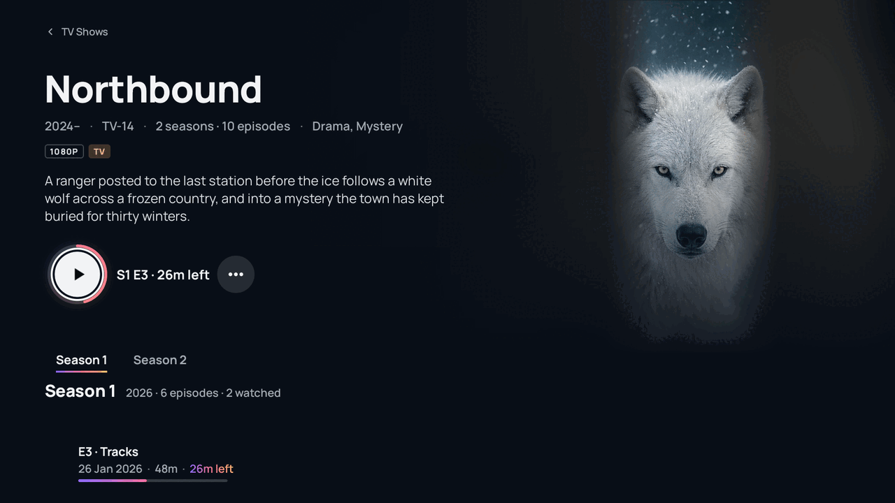 A show's page in Atlas: Northbound, two seasons, with its rating, genres, summary and artwork